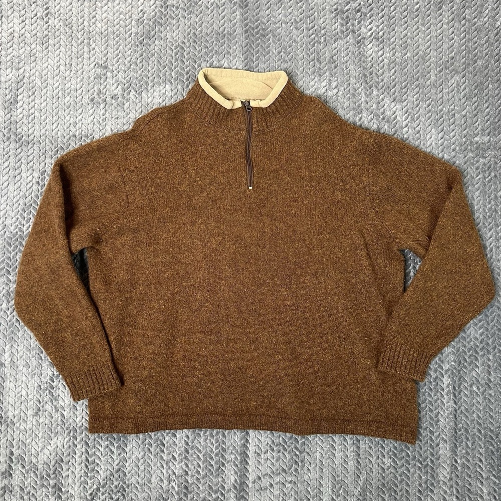 Woolrich Sweater Mens 2XLT Brown 100% Wool Knit 1/4 Zip Mockneck Pullover